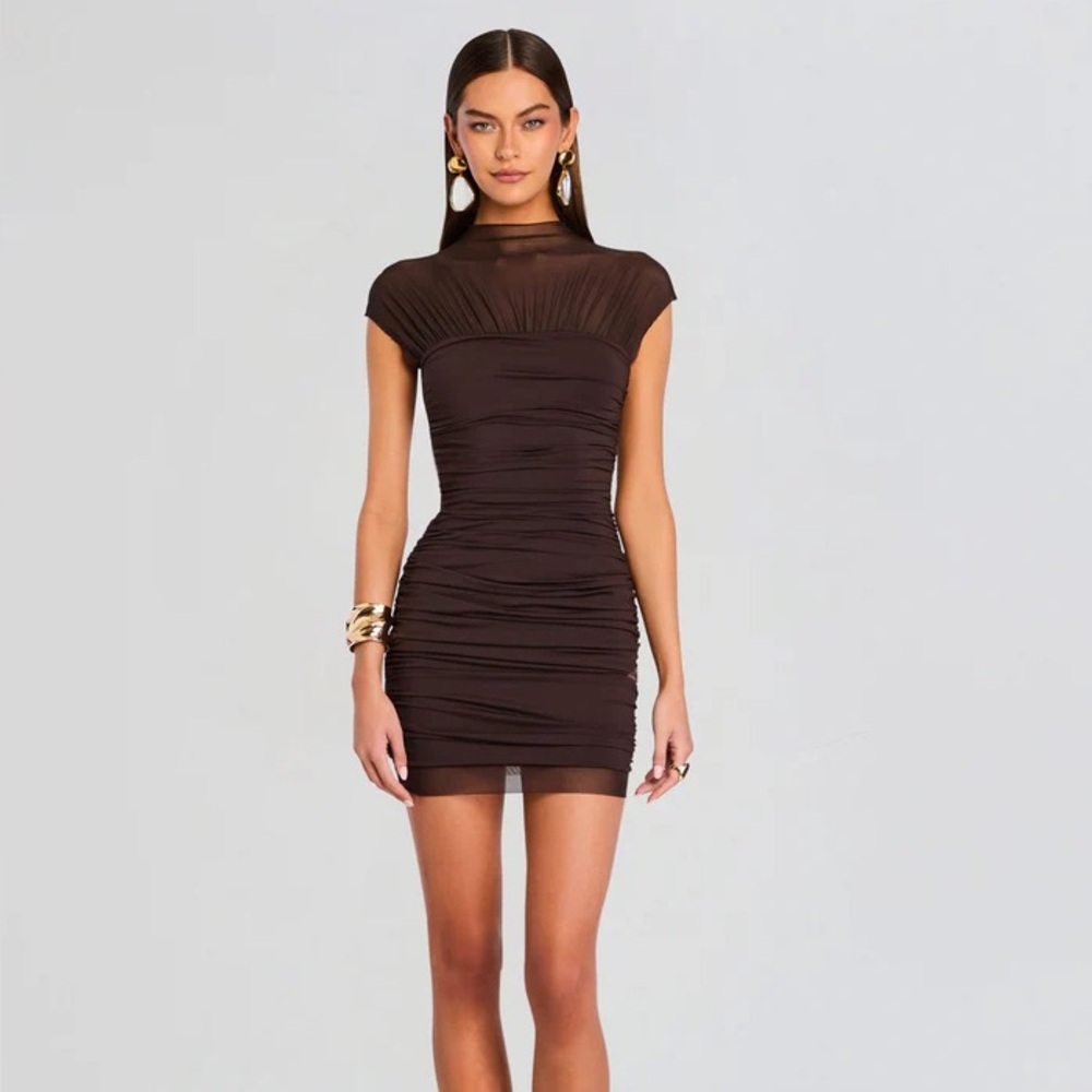 SER.O.YA Brown Ruched Mesh Mini Dress NWT
